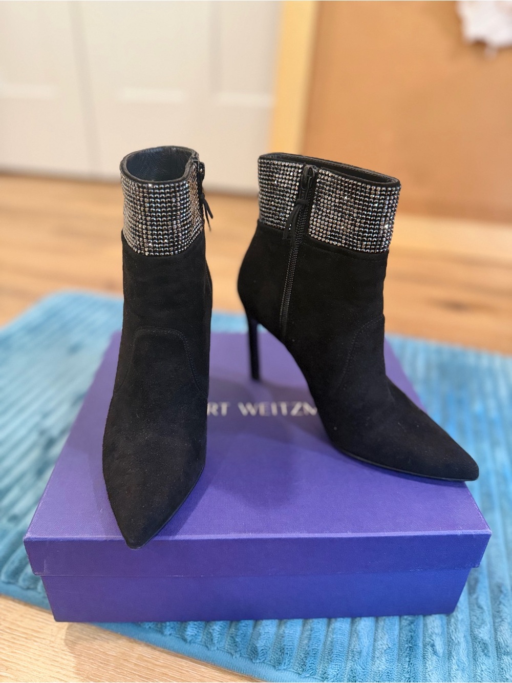 Stuart Weitzman Black Suede Rhinestone Cuff Ankle Booties